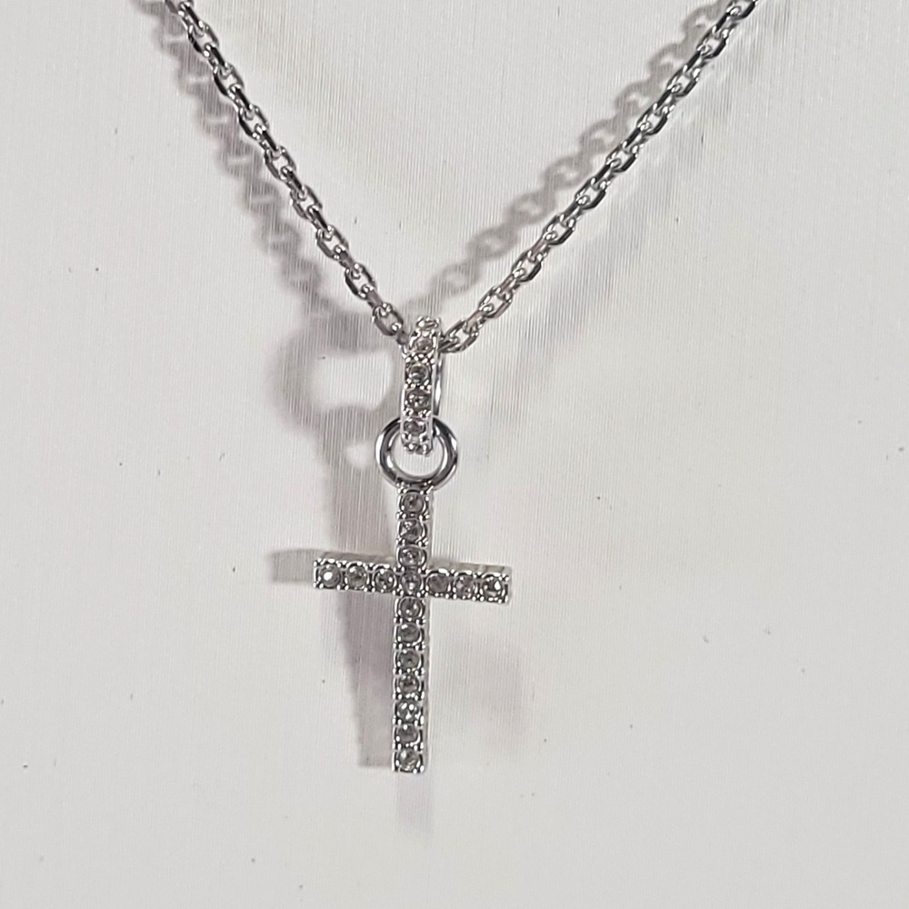 Swarovski Cross Necklace Women Silver Tone Crystal Pave Religious Pendant